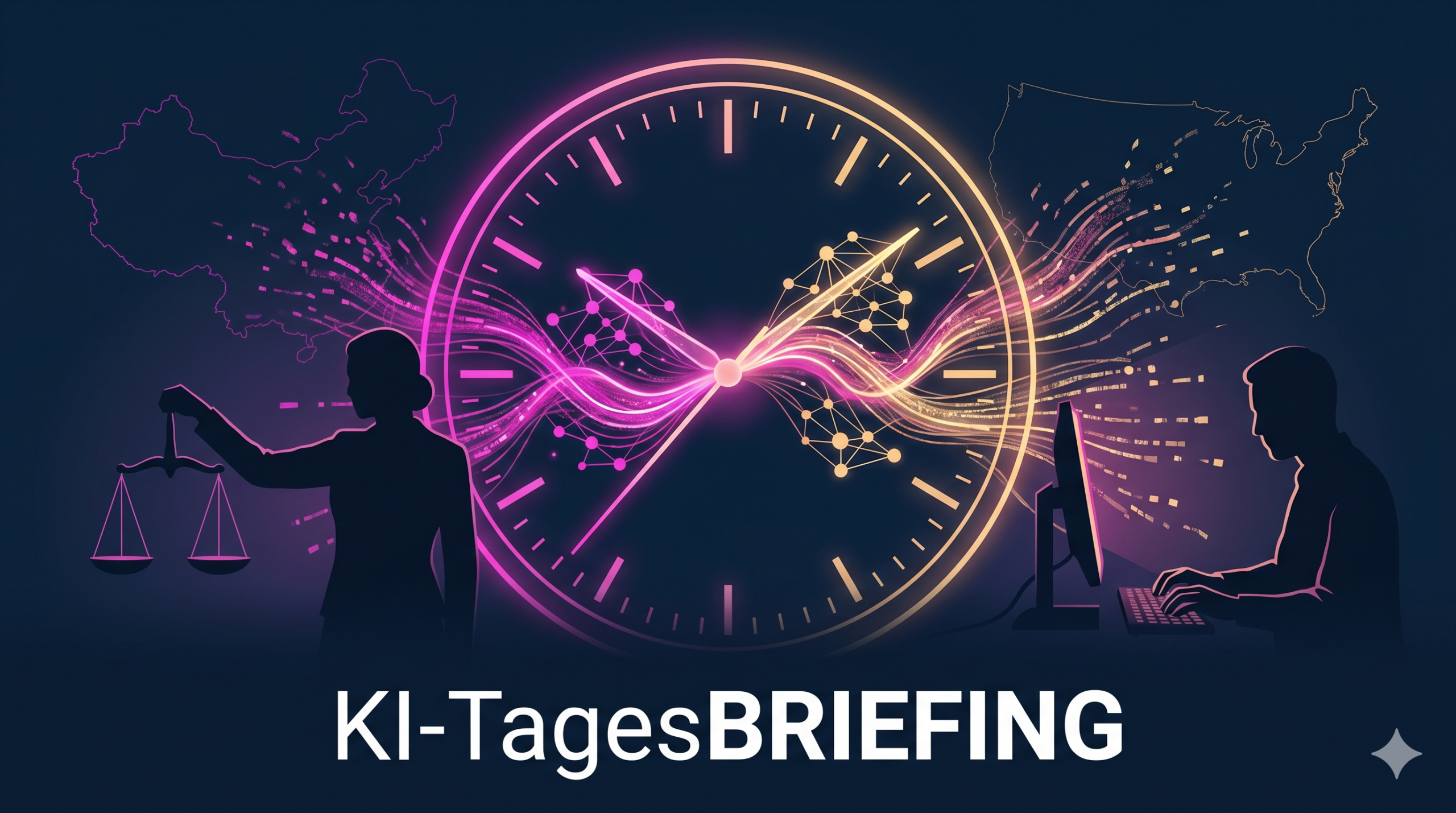 „Titelbild ‚KI-Tagesbriefing‘: Eine leuchtende Uhr mit pulsierenden Datenströmen verbindet silhouettenhafte Figuren – links eine Person mit Waage vor einer Weltkarte, rechts eine Person am Computer – und symbolisiert KI-News zwischen Recht, Europa und USA.“ tägliches ki briefing deutsch.